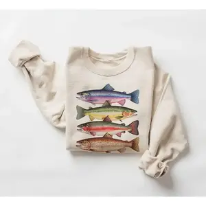Abstract Colored Trout Row Sweatshirt – River Trout Fish Apparel – Flying Fish Gift – Bohemian Unisex Crewneck Sweatshirt GARMENTARY
