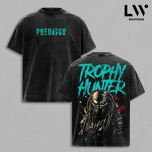 Predator Graphic Boxy Tee | Predator Hunter Vintage Washed T-shirt | Yautja Alien Heavyweight Cotton Tee | Oversized Drop Shoulder Movie Tee | Unisex Sci-Fi Horror Streetwear | Dark Action Film Graphic T-shirt | Retro 80s Movie Tee