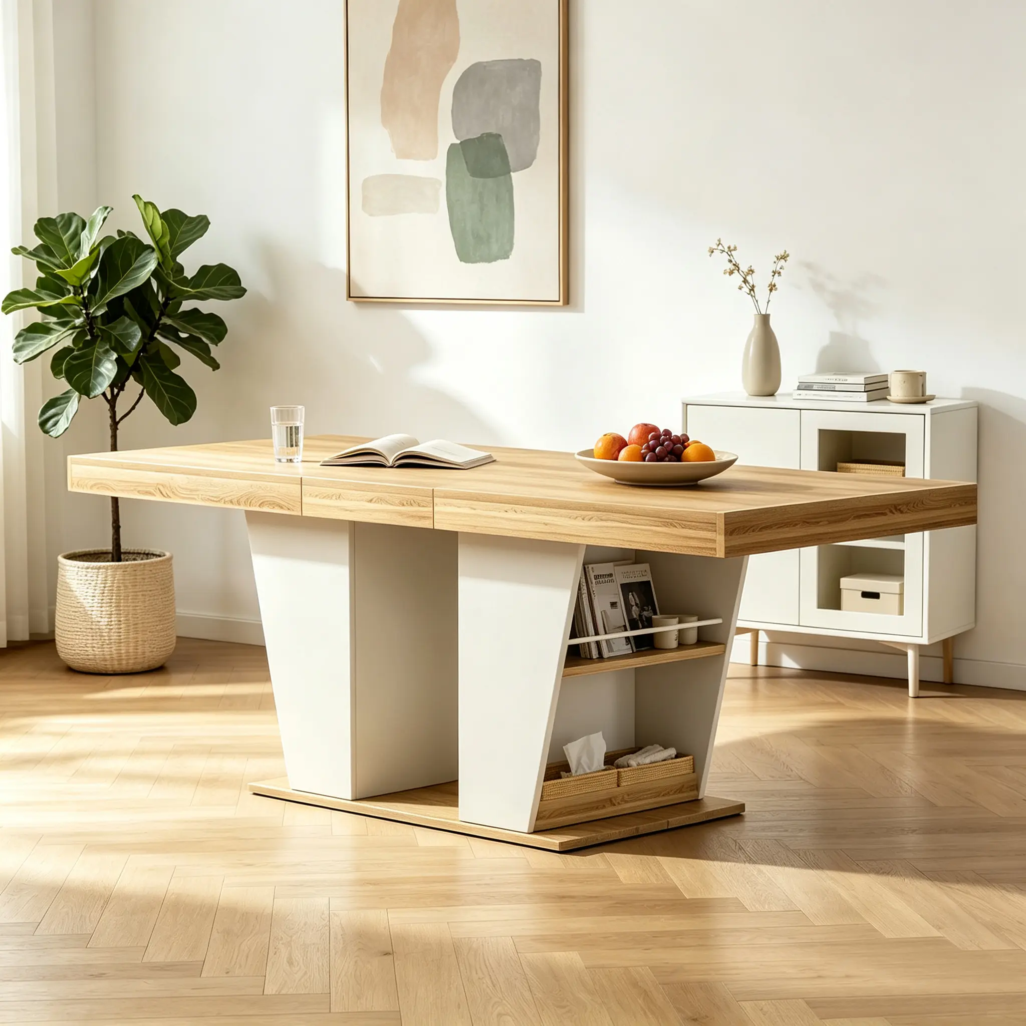 Mid-Century Modern Rectangular Extendable Dining Table 63-78.7" with Storage Shelves, Seats 8-10, Rustic Farmhouse Style for Kitchen/Dining Room, Natural/White