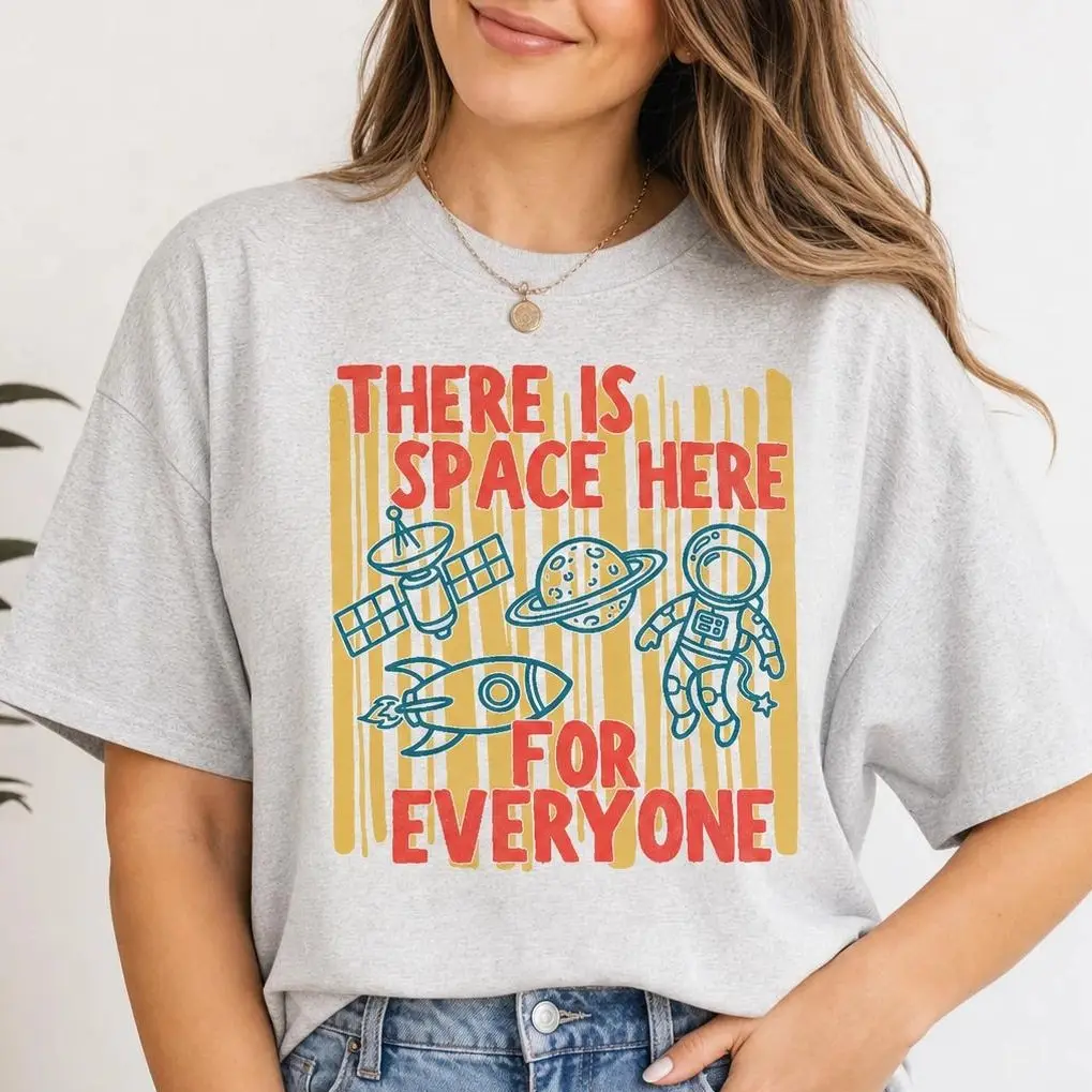 There Is Space Here For Everyone Teacher T-Shirt, Elementary Science Classroom Inclusion Tee with Astronaut Rocket Planet Graphic - JACKSON HOAI STORE