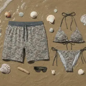 Grey Camo Couple Swimwear Set - Aesthetic Triangle Bikini & Swim Trunks, Perfect for Beach Parties, Trendy Summer Vacation Sports & Outdoor Outfits