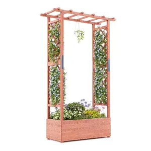 Raised Wooden Planter Box with Trellis – Freestanding Elevated Garden Bed for Climbing Plants, Vines & Flowers – Side Supports, Canopy Roof, 4 Drainage Holes – Outdoor Planting Box