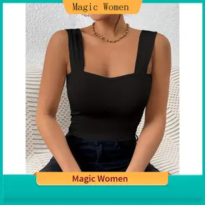 Magic Women Women's Stretchy Knit Polyester Short Tank Top - Sleeveless, Shoulder-Baring Crop Vest, High Elasticity, Machine Washable, Solid Color, Ideal for Summer & Casual Everyday Wear