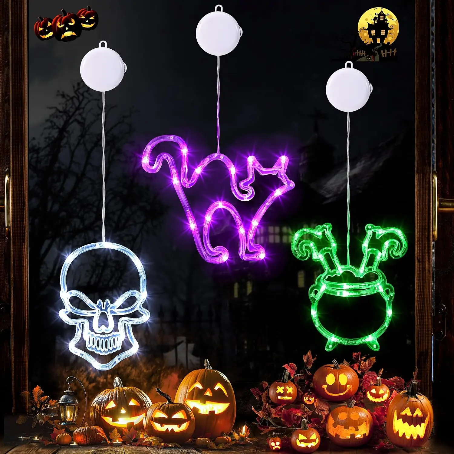 Battery Powered Halloween Window Lights Decorations 3 Pack White Skull Purple Cat Green Cauldron with Suction Cup and Timer Functions for indoor Hanging Ornaments Party Decor