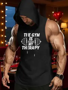 Men's Graphic Hooded Tank Top, Gym Workout Wear, Casual Fitted Sleeveless Vest, Bold Personal Style, Daily Use, Yoga Sports Vest