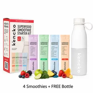 kencko Instant Smoothie Powder Mix Variety Packets (4 Smoothies + FREE Bottle) - Reds, Blues, Greens & Purples - Healthy Freeze-Dried Fruit & Veggie Superfood Powdered Drink - Plant-based, Dairy Free & No Added Sugar