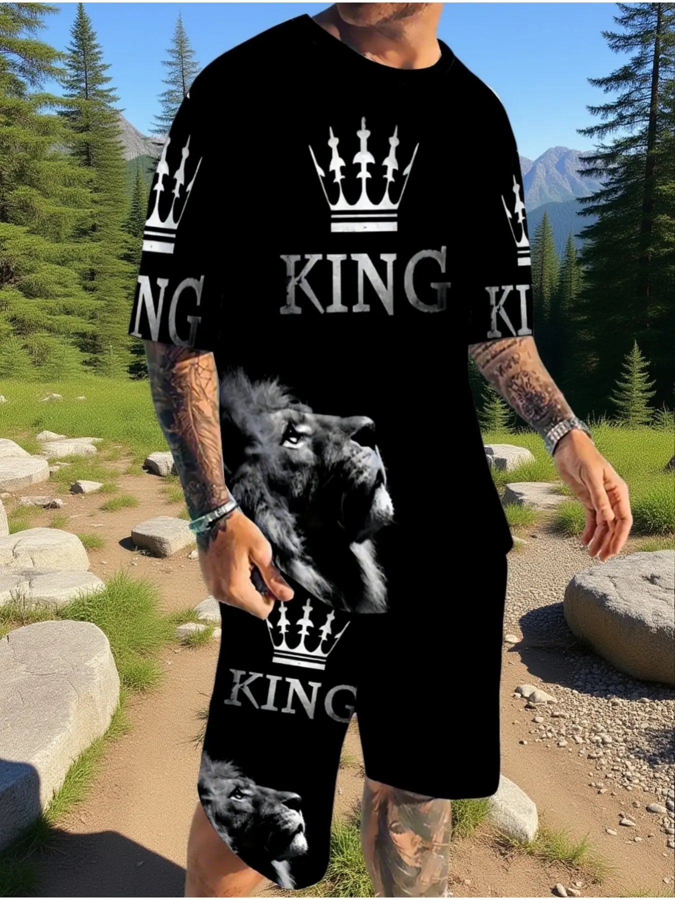Men's Plus Size Short Sleeve Set, Casual Daily Wear, Low Profile with Inner Meaning, Must-Have Clothing Set, Loose Fit, All over Print, Outfit, Menswear