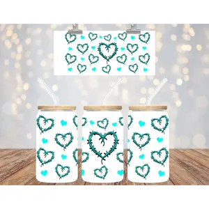 Uv Dtf Cup Wrap Turquoise Barbed Wire Hearts 148
