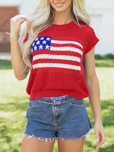 Women's Patriotic American Flag Sweater Short Sleeve Crewneck Lightweight Knit Pullover Top for 4th of July