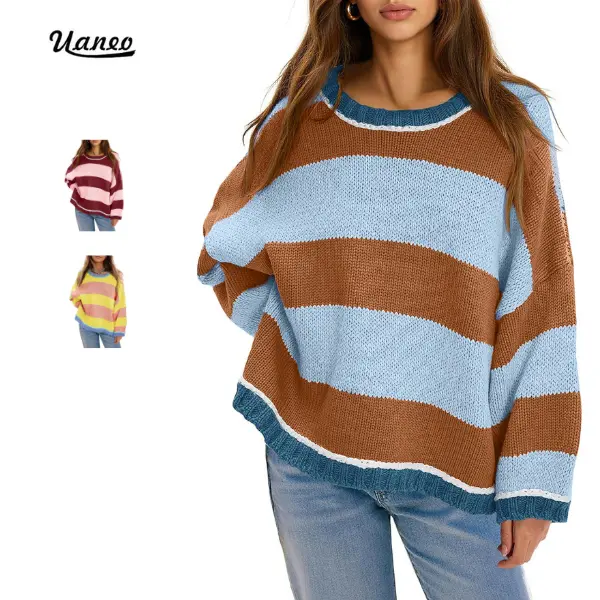 UANEO Women's Thick‑Knit Striped Pullover Sweater, Long‑Sleeve Crew Neck, Loose Slouchy Fit, Suitable for Autumn, Winter and Spring, Comfortable & Casual