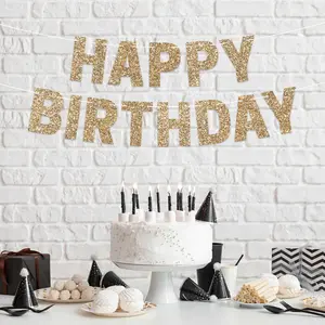 Happy Birthday Wishing Banner for Men & Women, Glitter Party Decorations, Pre-Strung Garland on 8 Feet String, Perfect for Birthdays