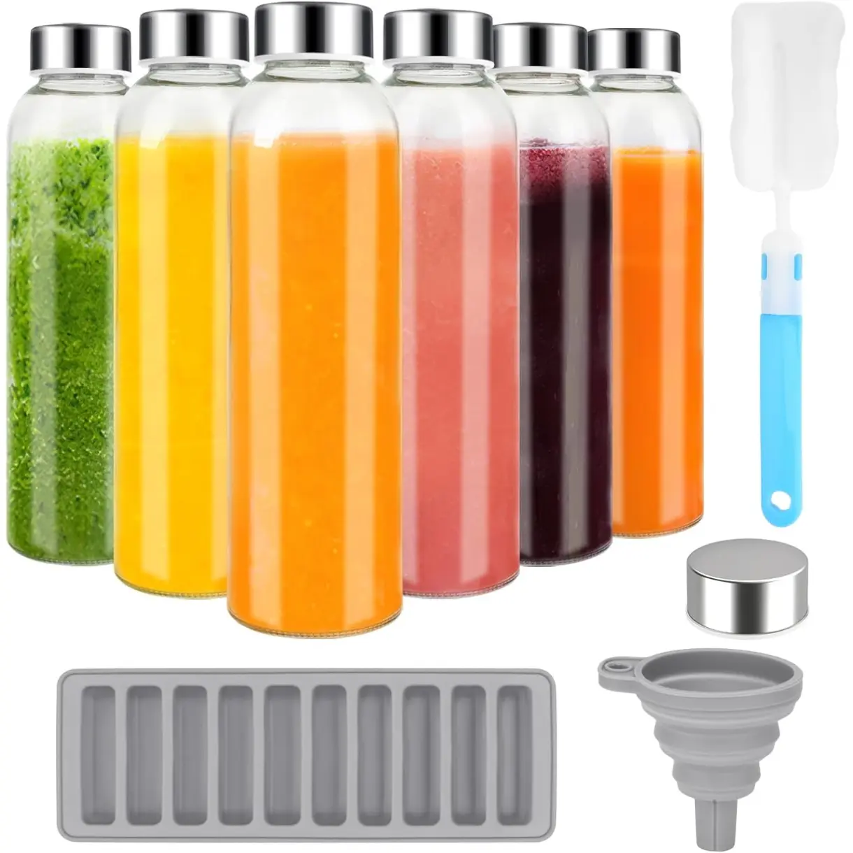 Glass Juice Bottles with Lids for Juicing 18 oz, Reusable Clear Glass Water Bottles with Stainless Steel Airtight Cap for Refrigerator, 100% Leak Proof, BPA Free, ECO Friendly, Set of 6