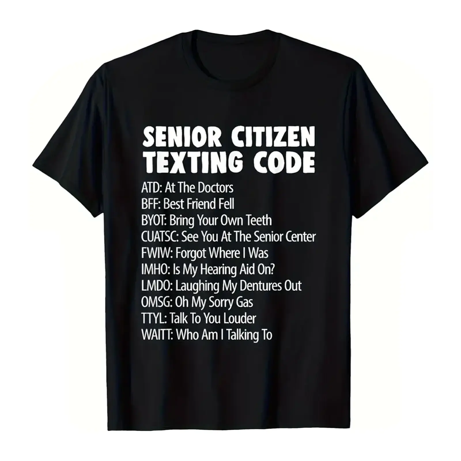 Unisex "Senior Citizen Texting Code" Funny Old People Texting Code Graphic Short Sleeve T-Shirt Novelty Gag Gift Top