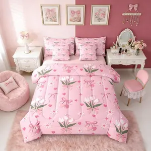 Daisy Floral Bow Girly Pink 7 Piece Bedding Set,Bowknot Ribbon Comforter Bed Set with Sheets,Flowers Love Hearts Bed Bag,Flowers Love Hearts Bed Set