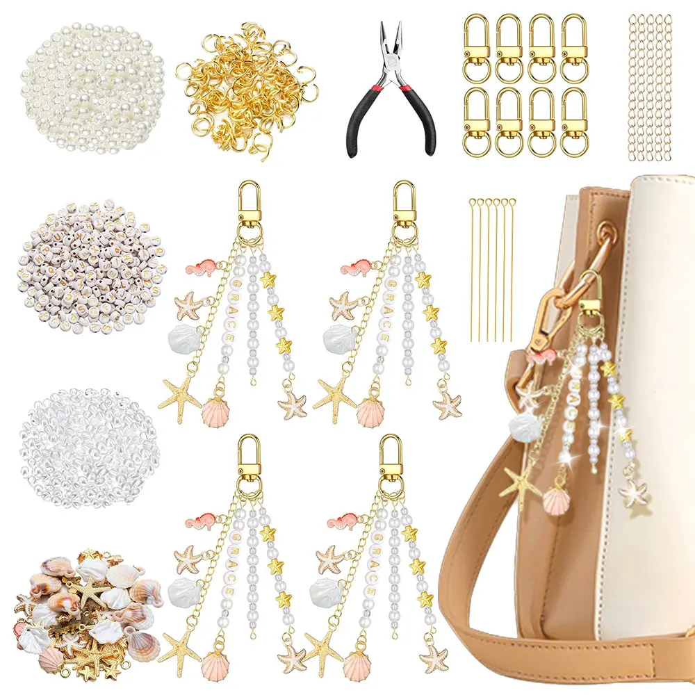 Ocean Themed DIY Craft Making Kit - Beach Coastal Key Chain Supplies with 6 mm Metal Lipgloss Keychain Components, Letter Beads, Spacer Beads, Marine Motifs, Seashells, Starfish, Beach Bag for Jewelry Making (Fashion Accessories), Backpacks