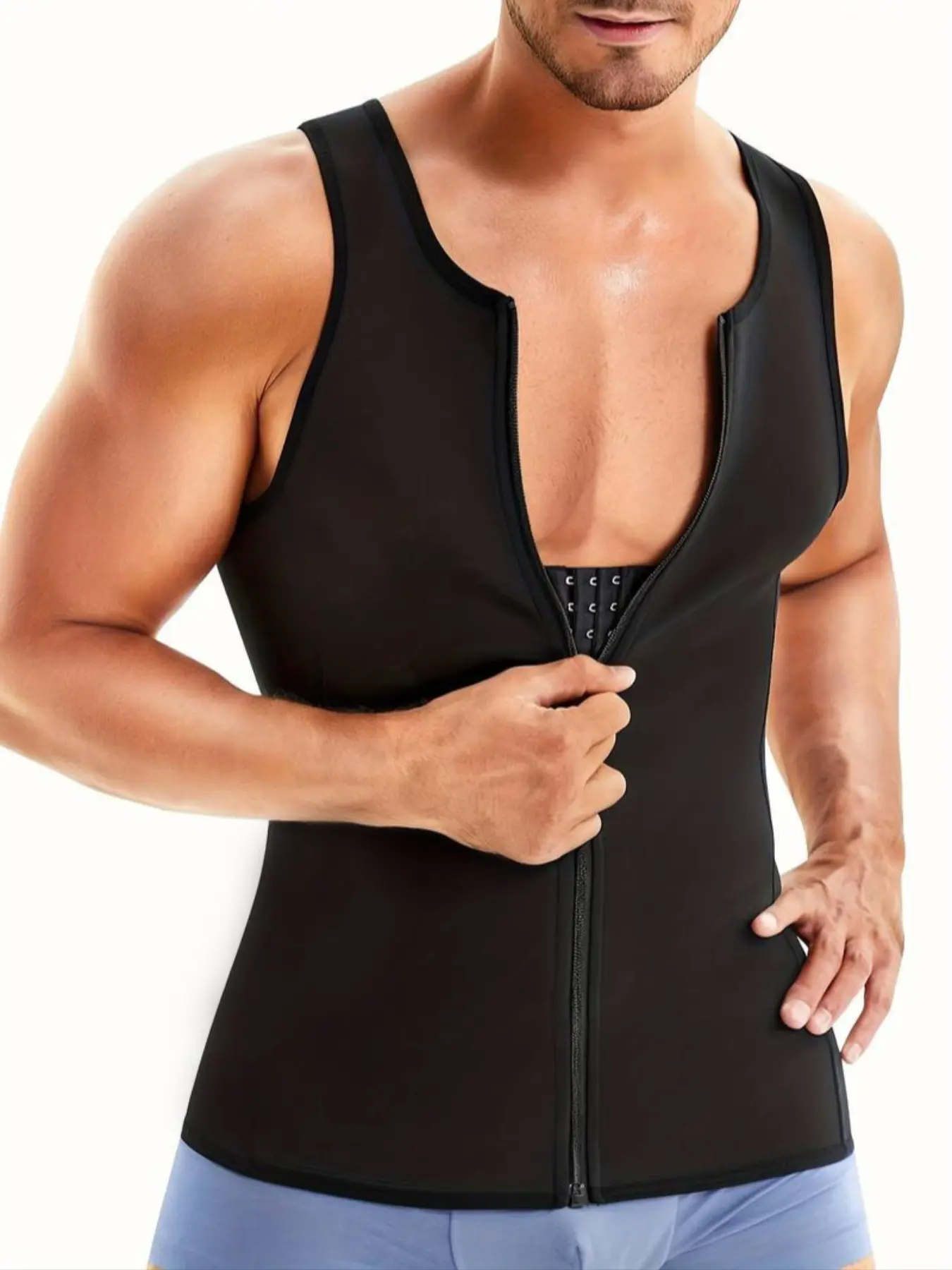 Men Waist Trainer Vest Sweat Vest Compression Shaper Vest Hot Neoprene Zipper Sauna Girdle Tank Top Workout Shirt Waist Training Vest Shapewear Black