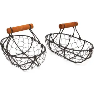 Chicken Wire Egg Baskets Rust Gathering Baskets with Wooden Handle Country  Style Storage Baskets. Set of 2 (Oval)
