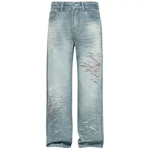 Men’s American street niche design graffiti print jeans — washed, distressed, light blue, loose straight wide-leg long pants