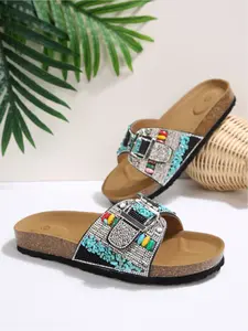 Women's Cork Footbed Bohemian Rhinestone & Gem Slides, All-Season Casual Sandals