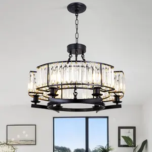 34" Adjustable 6-Light Vintage Crystal Chandeliers Black Flush Mount Ceiling Light Pendant Lamps pendant light
