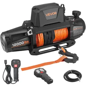 VEVOR Electric Winch, 12000 lbs Load Capacity, 12V DC Truck Winch with Φ3/8 in x 92 ft Synthetic Rope, Wireless & Wired Remote Control, IP67 Waterproof for Towing Off-Road SUV Jeep Trailer Boat