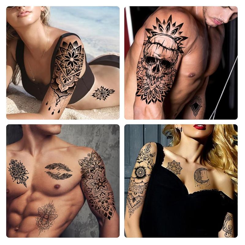 48 Waterproof Temporary Tattoos For Adult, Mandala Vintage Black Lotus Temporary Tattoos for Men Women, Mandala Full Arm Fake Tattoo Bohemia Flower Fake Arm Tattoos for Boys Girls