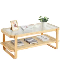 VEVOR Rattan Coffee Table, Rectangle Rattan Woven Wood Coffee Table with Tempered Glass Top, 45-Inch Modern Boho Storage Coffee Table with Natural Wood Legs, for Living Room, Bedroom & Small Spaces