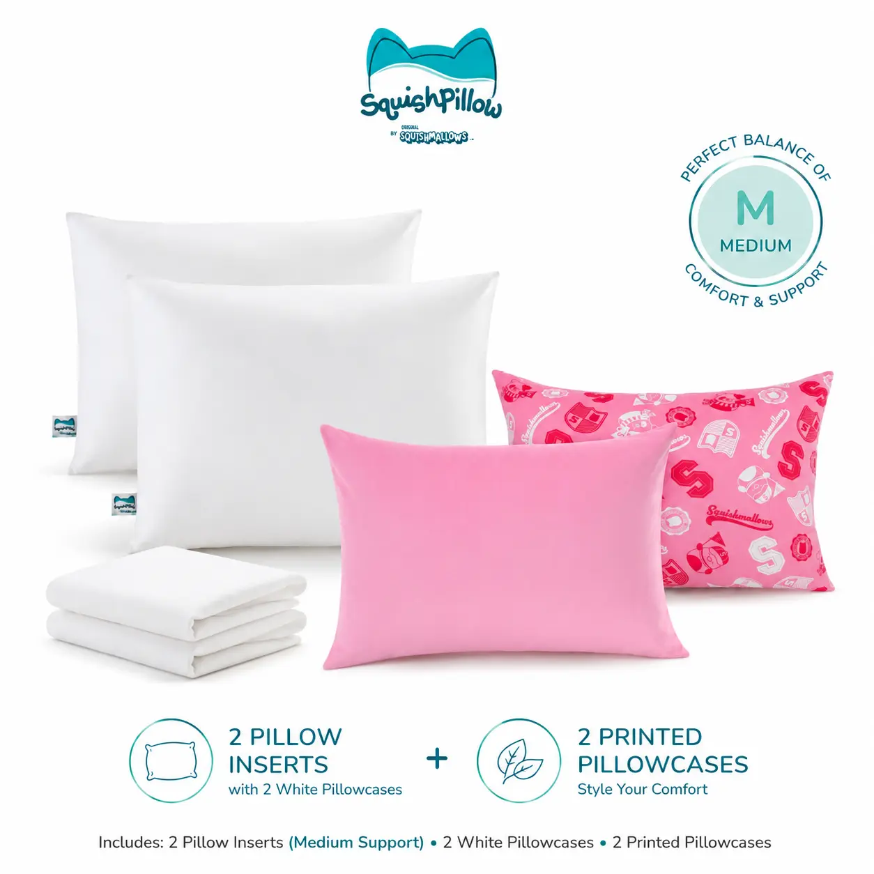 SquishPillow 2-Pack Ergonomic Support Bed Pillows Medium/Soft with 2-Pack Super Soft Vibrant Print Standard Pillowcases