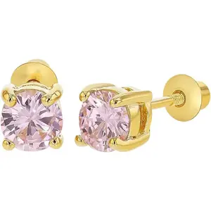 Gold Plated Pink CZ Back Earrings for Babies, Infants, Toddlers, and Little Girls 5mm - Sparkling Pink Cubic Zirconia Safety Screw Back Earrings for Children for Everyday Wear