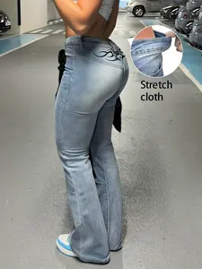 NVFelix Womens Chic Printed High-Rise Bell Bottom Flare Jeans Broad Feet Long Denim Pants