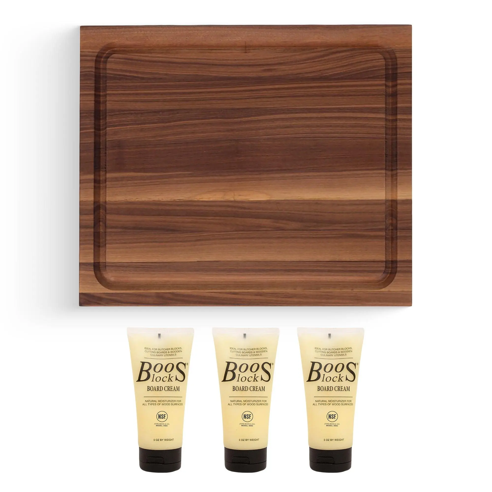 John Boos Walnut Wood Juice Groove Cutting Board w/Boos Block Care Cream, 3 Pack John Boos Walnut Wood Juice Groove Cutting Board w/Boos Block Care Cream, 3 Pack