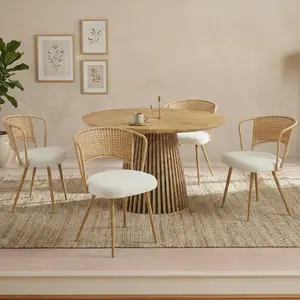 Round wooden dining table + 4 brown wicker dining chairs set - farmhouse style farm chair set