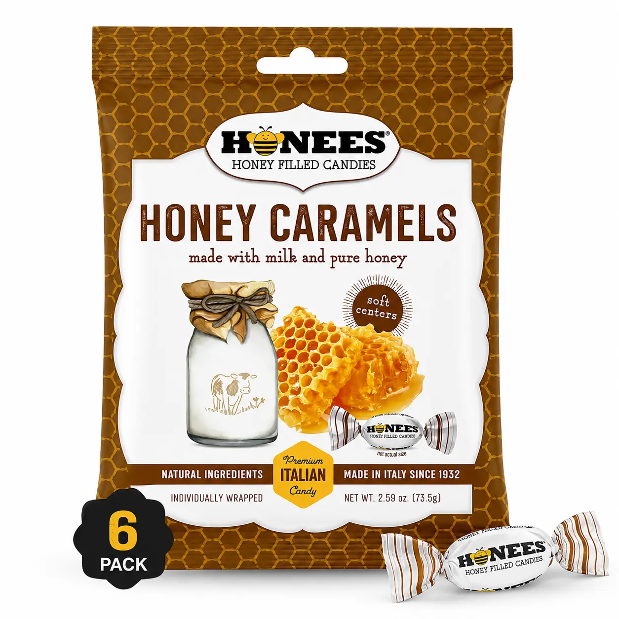 Honees Honey Caramels Hard Candy Individually Wrapped | Natural & Healthy Candy, Italian Made with Milk & Pure Honey, 6 Pack (17.1 oz)