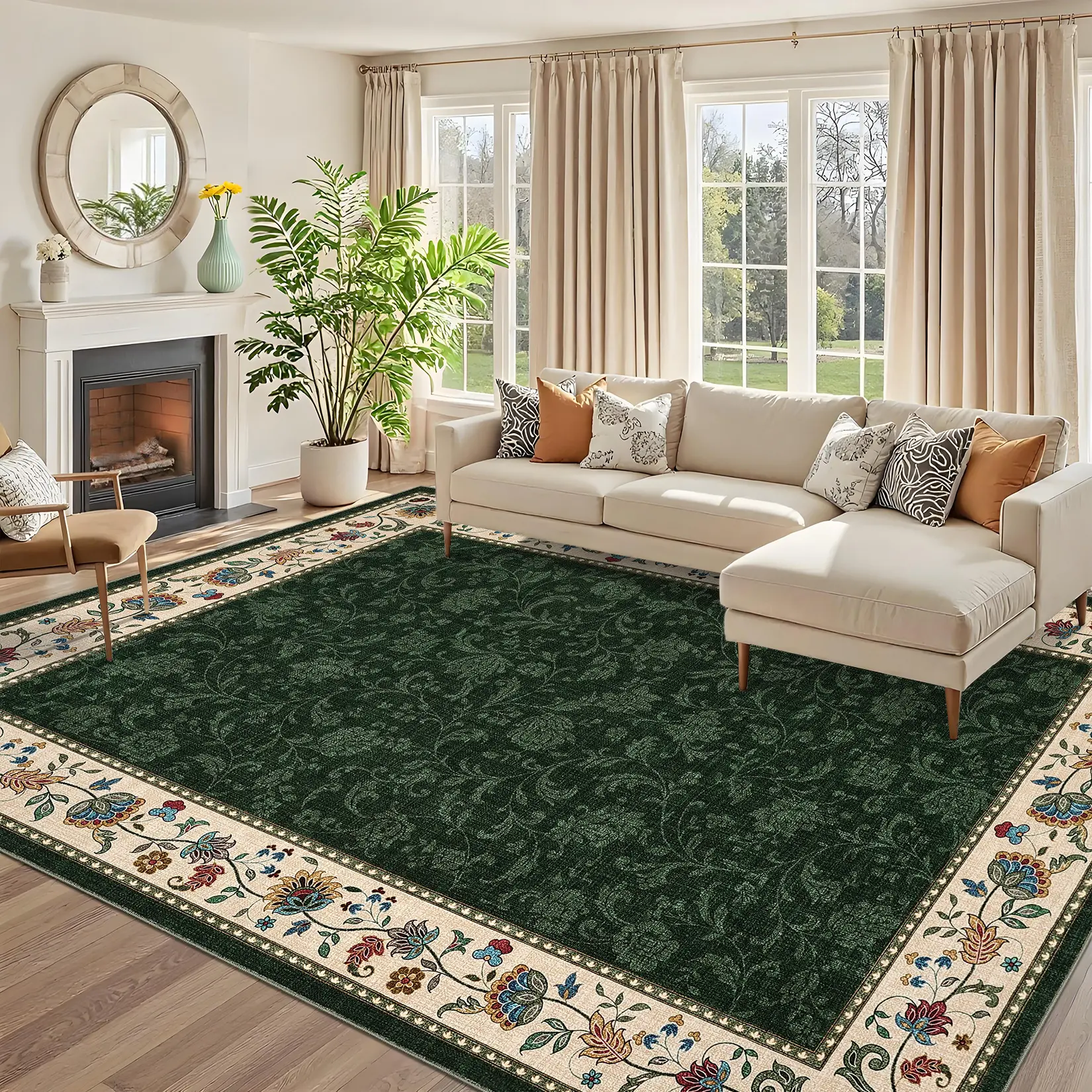 Machine Washable Floral Print Area Rugs for Bedroom Living Room, Retro Accent Bordered Rug Non Slip Non Shedding Dining Room Rugs Indoor Vintage Non Shedding Large Floor Carpet for Office Apartment