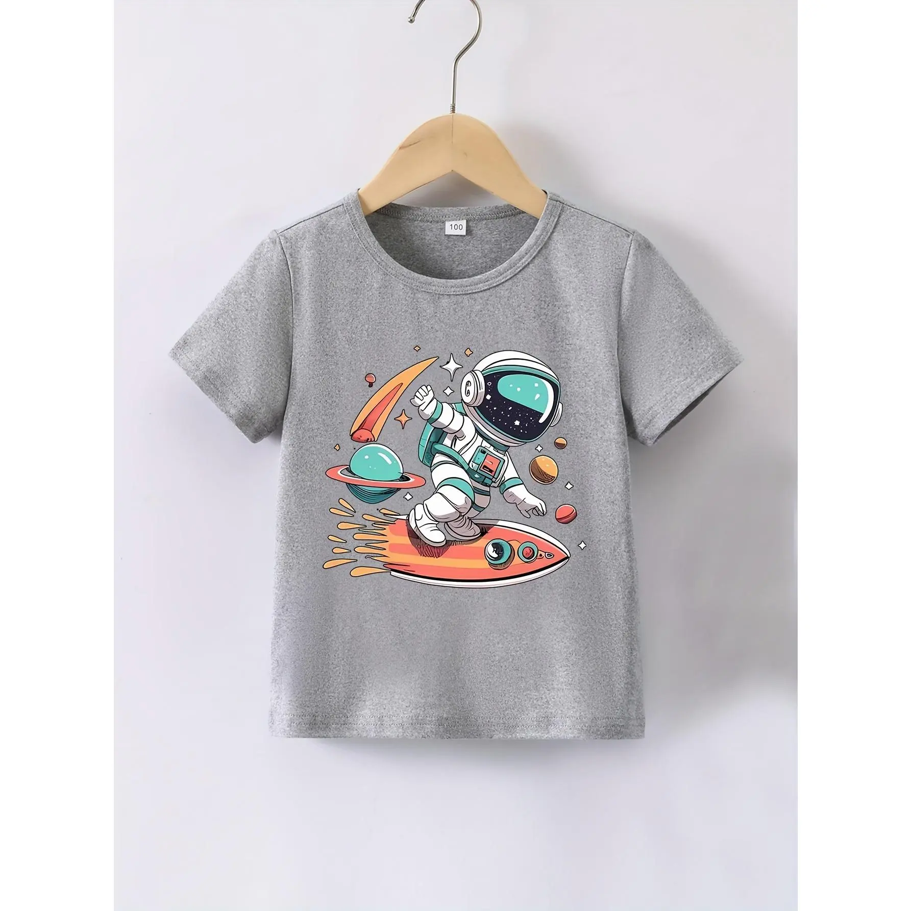 Sports Short-Sleeve Polyester Blend T-Shirt, Cartoon Astronaut Print, Regular Cut for Summer