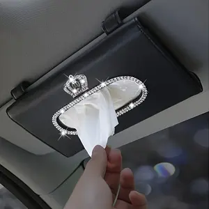 Bling Rhinestone Crown Sun Visor Tissue Box Cover, Hanging Car Tissue Holder Made of Faux Leather, Creative High-End Automotive Accessories.