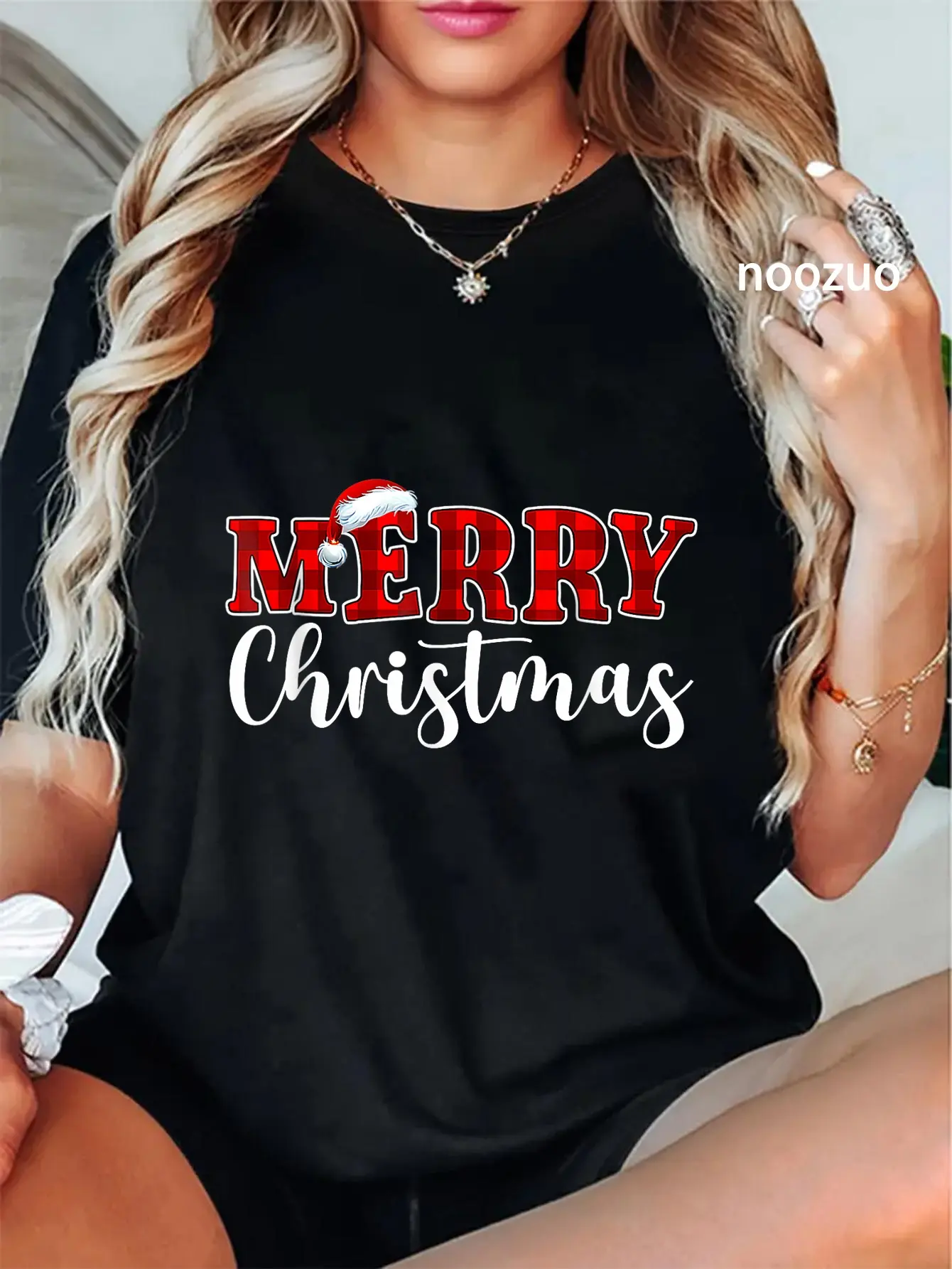 100% Cotton Merry Christmas Buffalo Plaid Red Santa Hat Xmas Pajamas T-Shirt