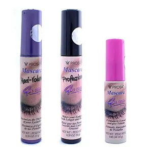 3 Pcs PROSA - PROFESIONAL Maxi Volumn Black MASCARA 4 IN 1 LONGER THICKER P1 Makeup Color Cosmetic
