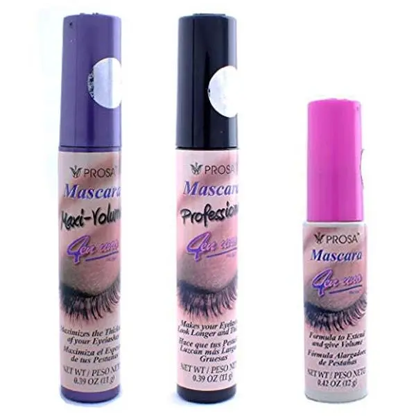 3 Pcs PROSA - PROFESIONAL Maxi Volumn Black MASCARA 4 IN 1 LONGER THICKER P1 Makeup Color Cosmetic