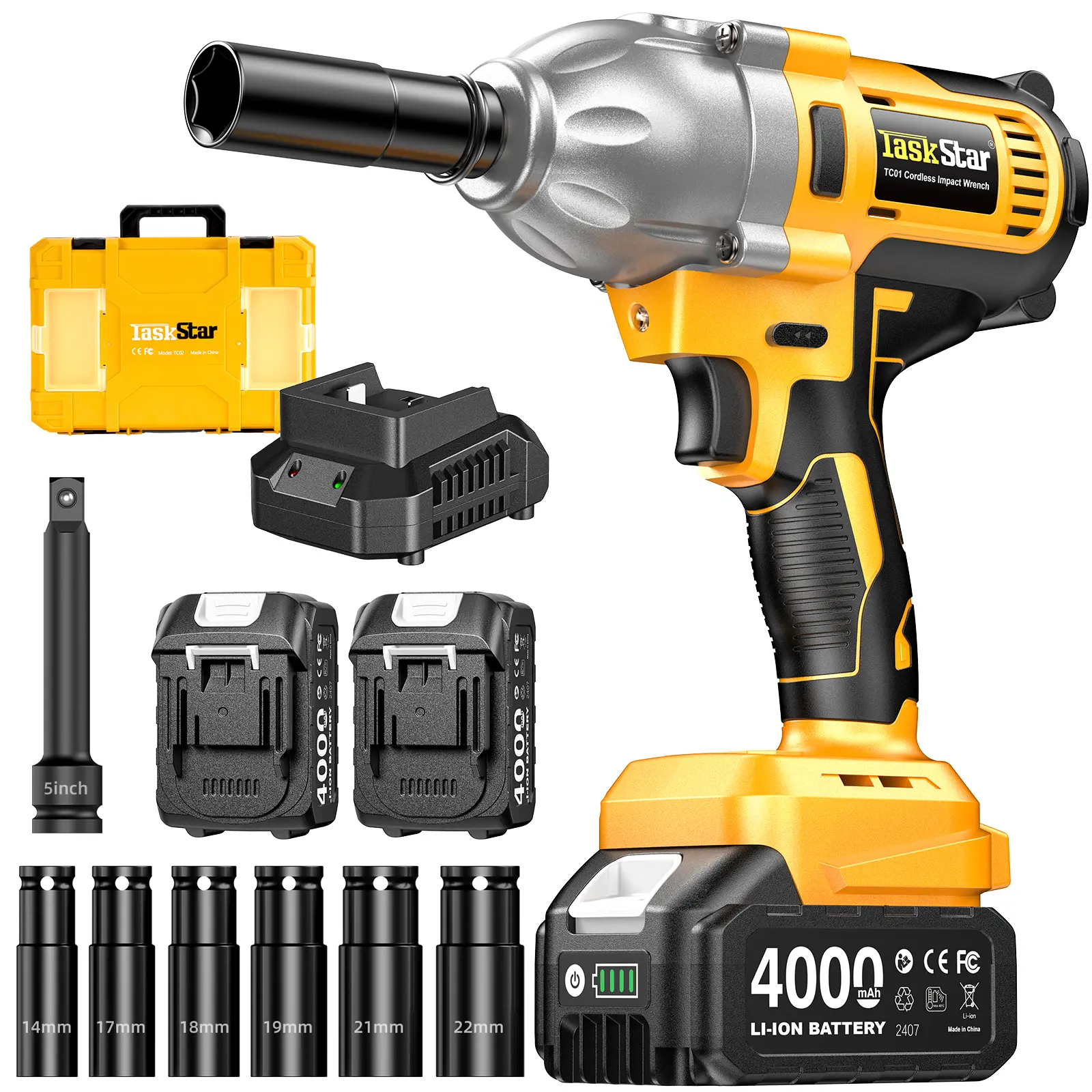 【TaskStar】1200Nm(886ft-lbs) Cordless Impact Wrench, Powerful 1/2" Electric High Torque Impact Wrench Kit With 2*4.0Ah Battery, Fast Charger for Car Tires Truck Auto Power Tools [SummerVibes]