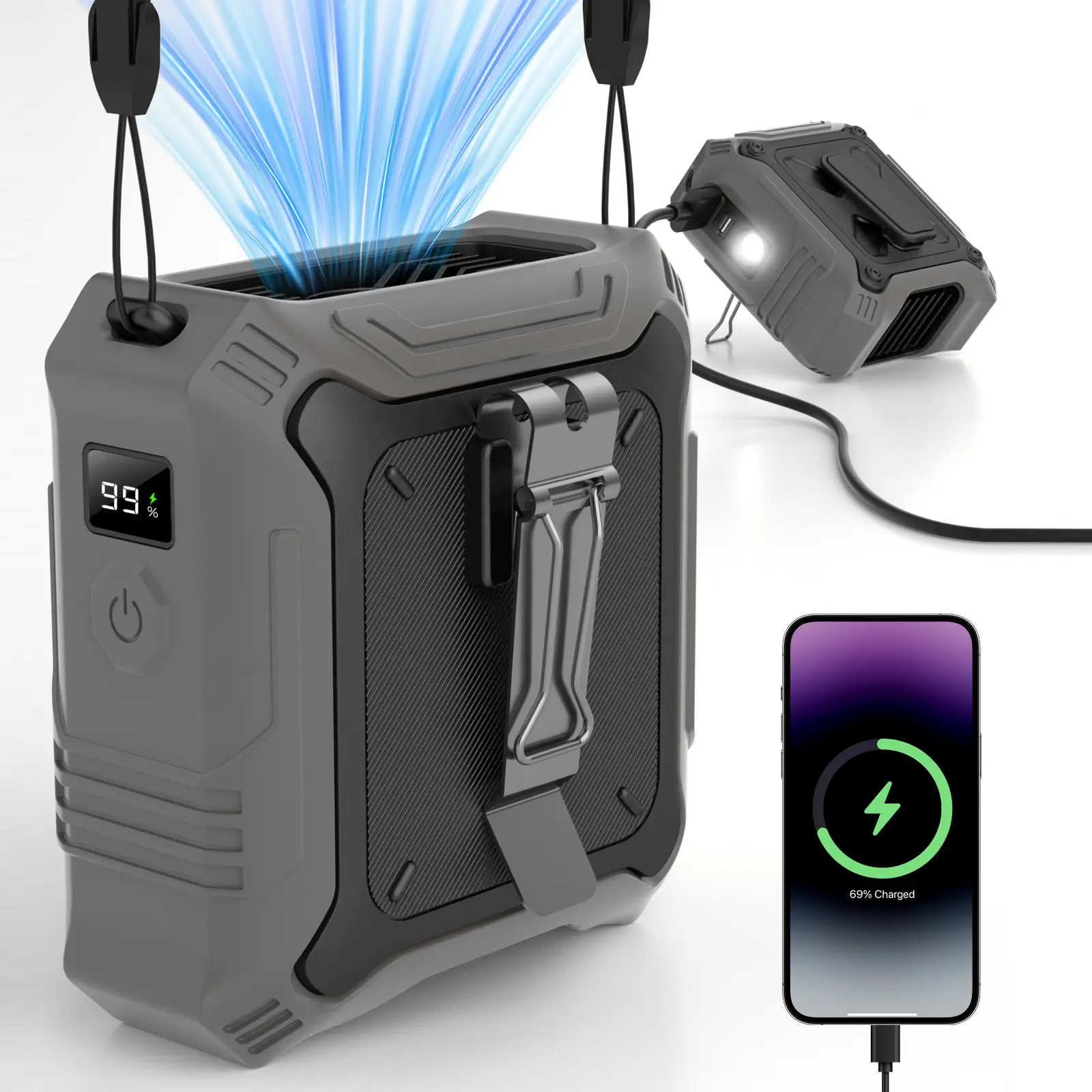 FrSara Portable Waist Fan, Portable Fan with 5-Speed Settings, Dual-Sided Clip on Wearable Belt Personal Fan for 8000mAh, 2 Settings including Flashli