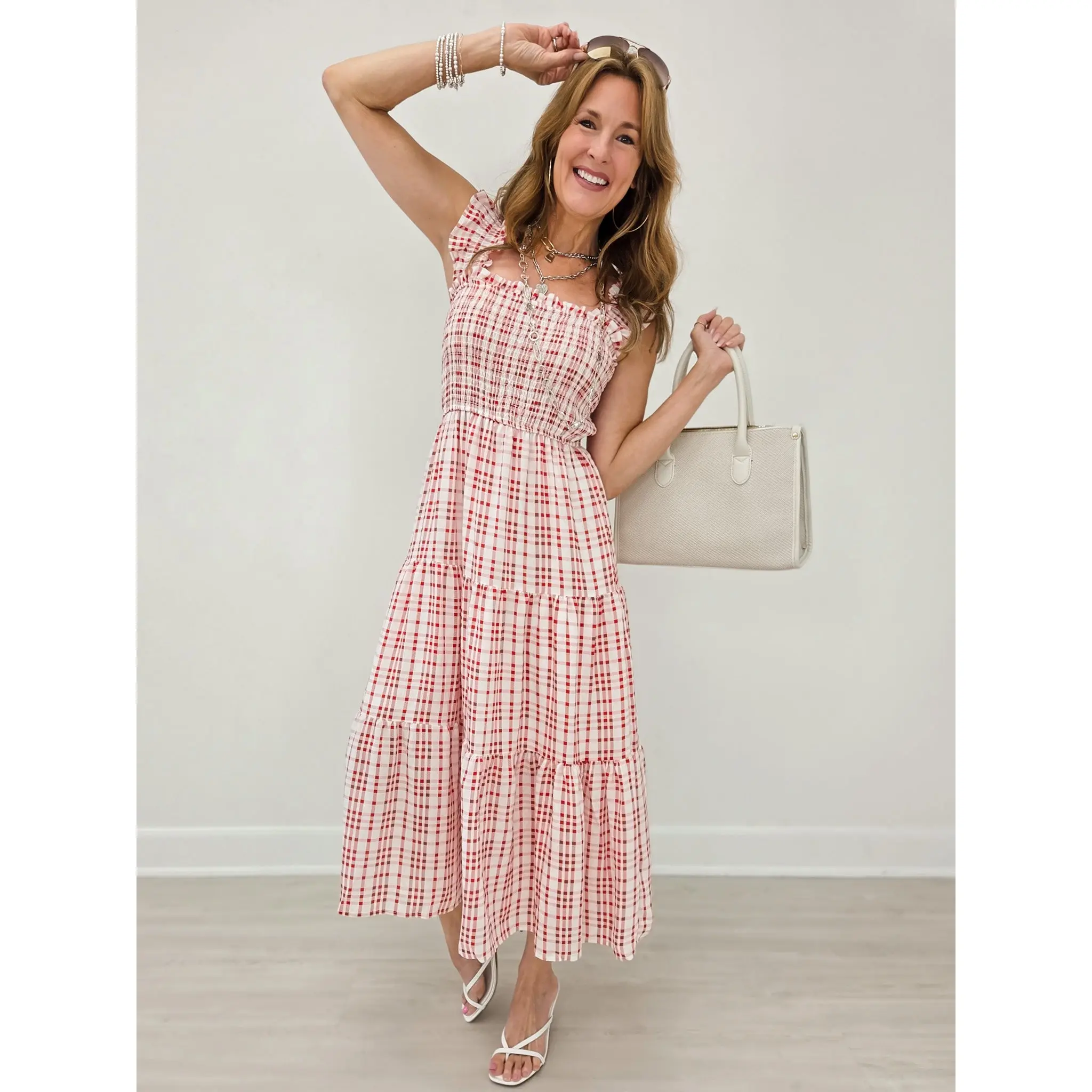 Plaid Smocked Ruffle Strap Tiered Midi Dress