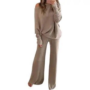 Womens Two Piece Outfits Lounge Sweater Set Long Sleeve Off Shoulder Fall Top Wide Leg Sweatpants Sets Sweatsuit Set