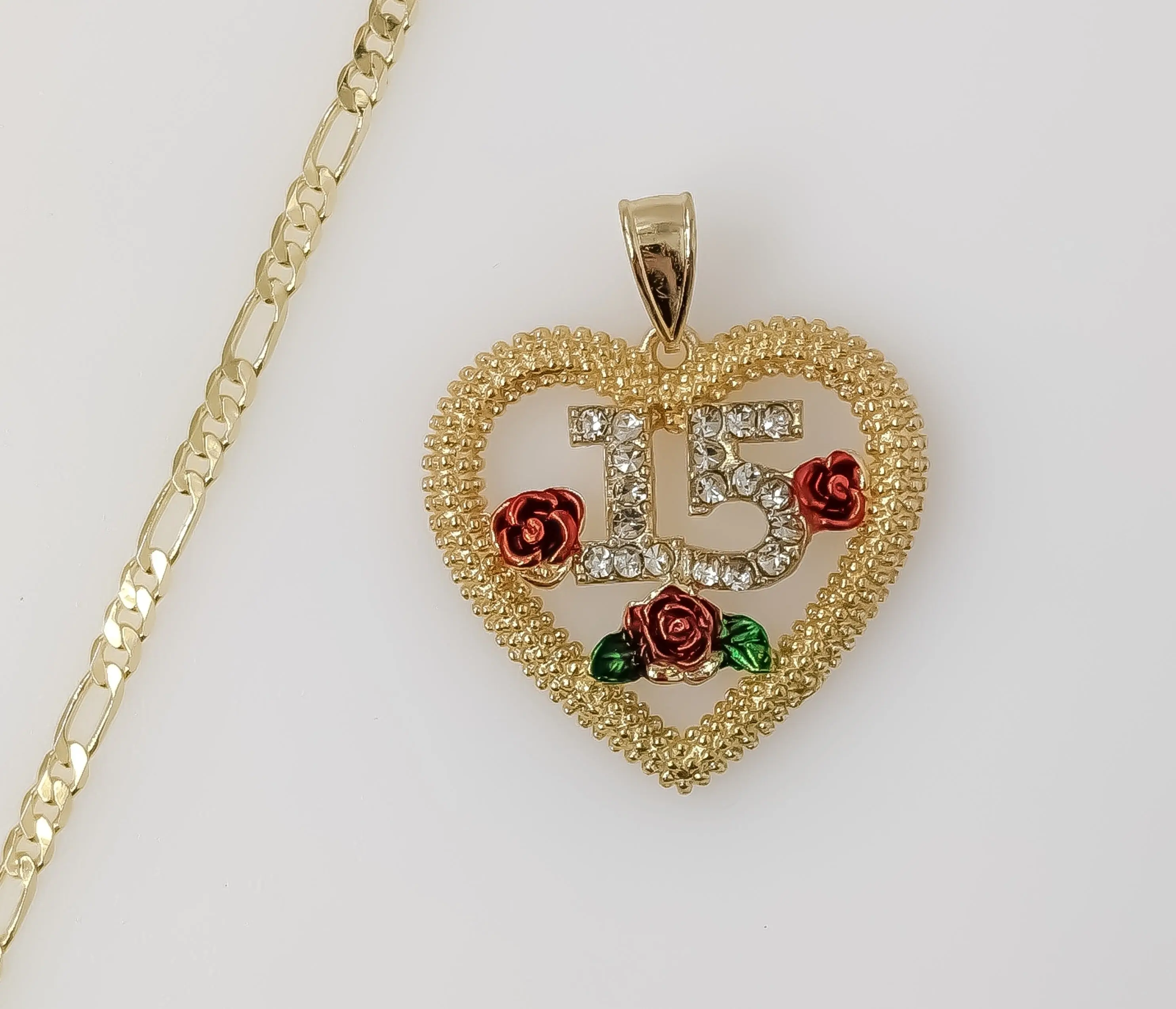 Plated Heart "My 15" Quince 3mm Figaro Chain Necklace