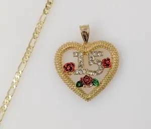 Plated Heart "My 15" Quince 3mm Figaro Chain Necklace