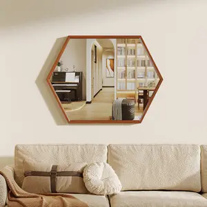 Vlsrka Wall Mounted Mirror Horizontally or Vertically, 32'' x 24" Hexagon Hanging Wall Mirror, Farmhouse Decorative Wood Mirror for The Living Room, Bedroom, Entryway, Store, Hotel