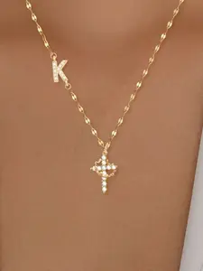 Women's Stainless Steel Necklace with Zircon Cross Crown Initial Pendant, Casual Fashion Lip Chain Jewelry, All-Season Wear, Perfect Gift