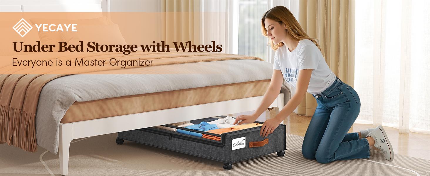 Under Bed Storage with Wheels 65L, 2 Pack Under Bed Storage Containers, Storage Containers with Clear Window, Rolling Under Bed Metal Drawer for Clothes, Shoes, Books, Hemp Grey