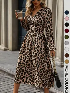 Plus Size Women's Dress, Casual Leopard Print Lantern Sleeve, Cinched Waist, Long Winter Fashion, Elegant Ladies' Clothing, Womenswear