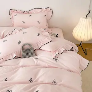 Girls Bow Queen 3PCS Aesthetic Pink Ruffled Duvet Cover Set Soft Washed Microfiber Bow Embroidery Bedding Set with 2 Pillowcases for All Seasons